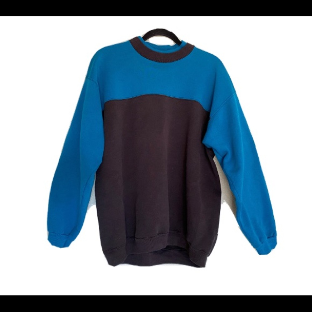 Vintage 1980s/90s Hanes Color Block Blue & Black Double Collar Sweater Large